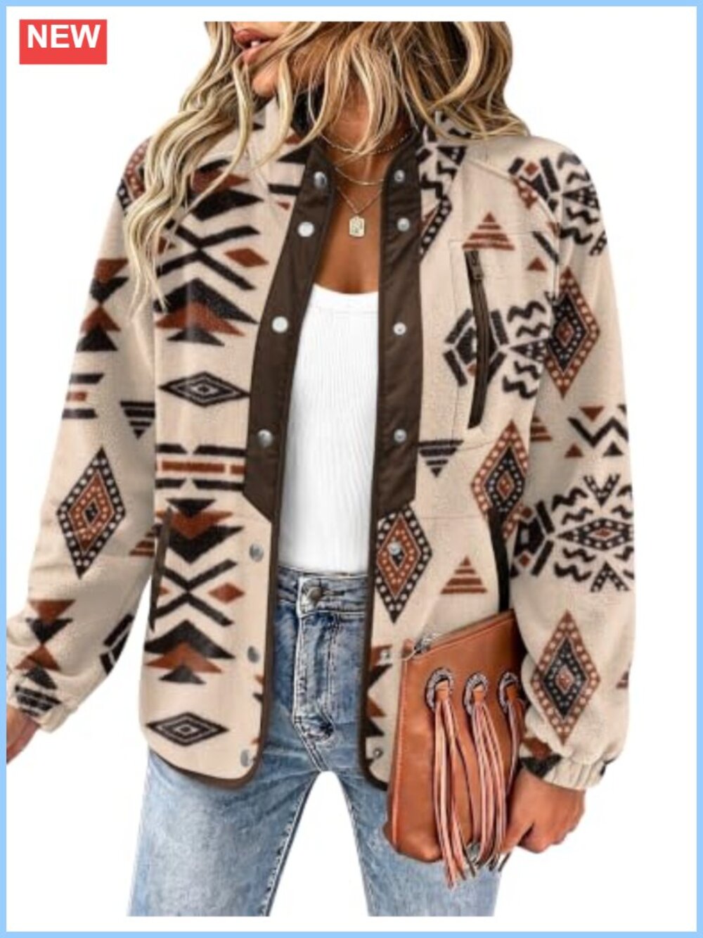 Women Fleece Jacket Western Aztec Print Snap Button Sherpa Coat